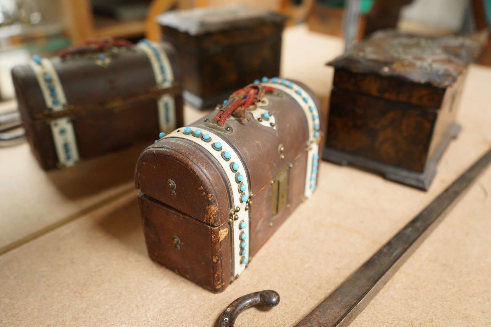 A 19th century brass mounted bayonet together with a tea caddy and a domed casket (a.f)